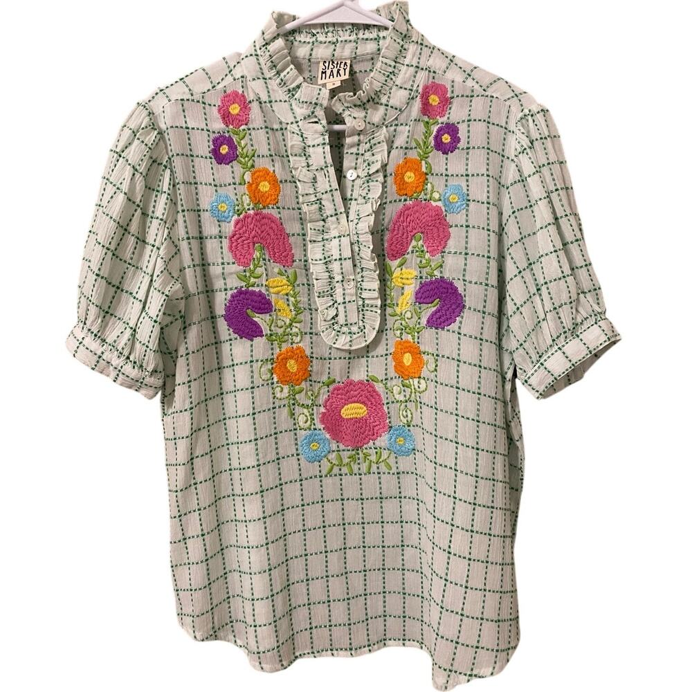 Sister Mary Josephina Blouse Small Floral Embroidery Colorful 100% Cotton Boho - Picture 10 of 10